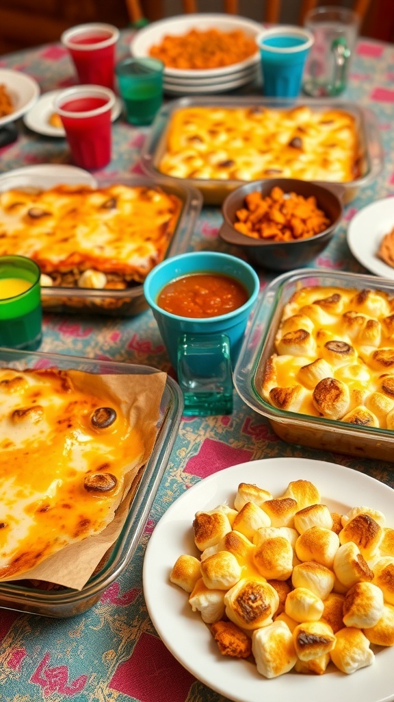 A table with different casseroles for a party, including lasagna, breakfast casserole, and sweet potato casserole.